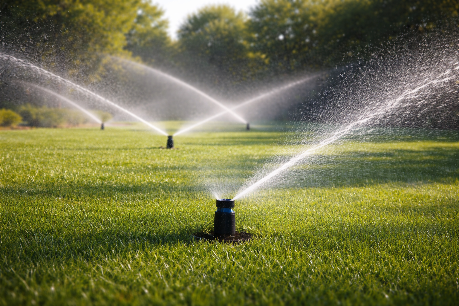 Multiple sprinklers spray water over a lush green lawn on a sunny day.