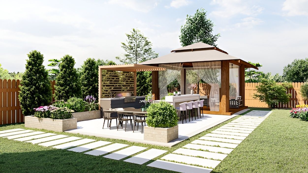 A backyard patio featuring a wooden gazebo with a bar and dining area, surrounded by lush landscaping and stone walkways.