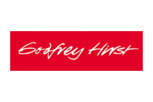 A red and white logo for godfrey hirst