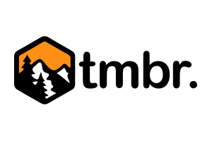The logo for tmbr is a hexagon with mountains and trees in it.