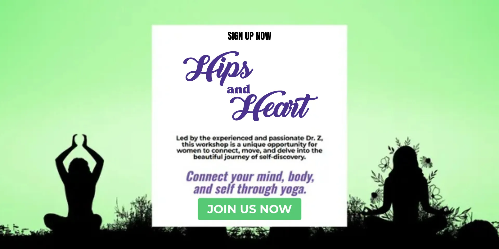 Silhouettes of people doing yoga in a green-tinted outdoor setting with text that says 