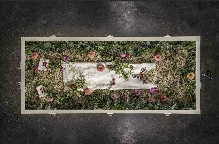 An aerial view of a coffin surrounded by flowers and grass.