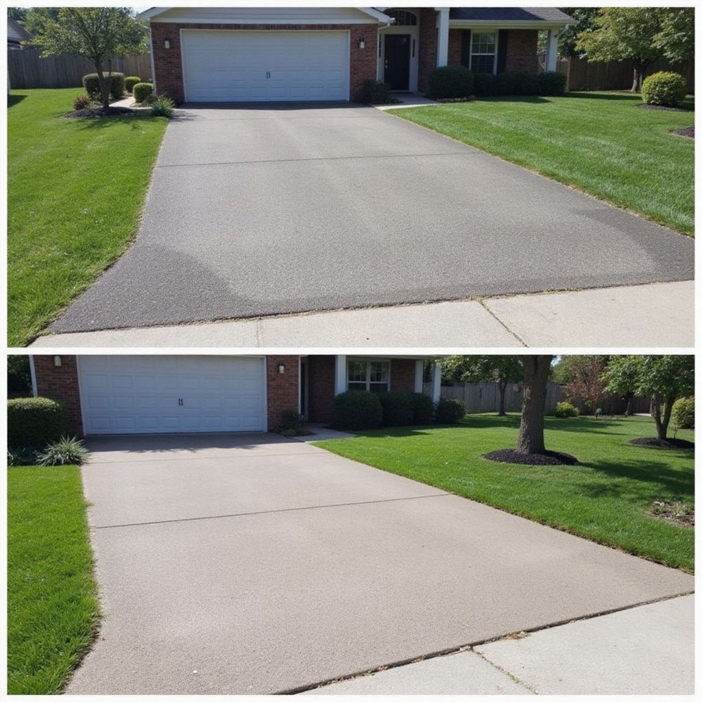 Driveway before and after power washing; asphalt driveway cleaned and brightened in front of a house with green lawn.