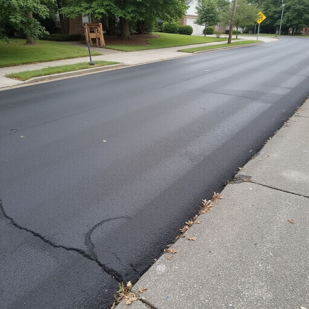 Freshly paved asphalt street next to a concrete curb and sidewalk; residential setting.