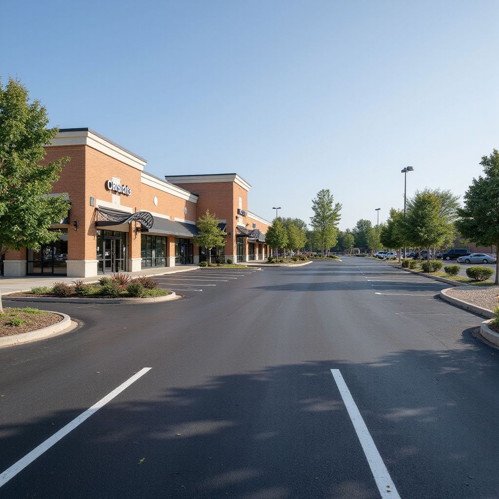 Exterior view of a brick shopping center with a large, empty parking lot under a clear blue sky.