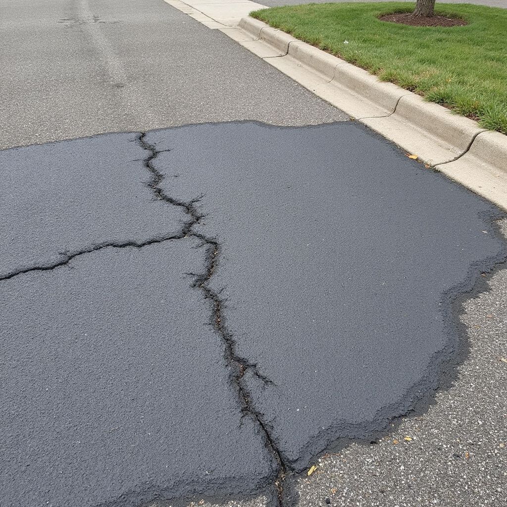 Asphalt patch on road with a large crack. The repair is dark gray, the road is light gray.