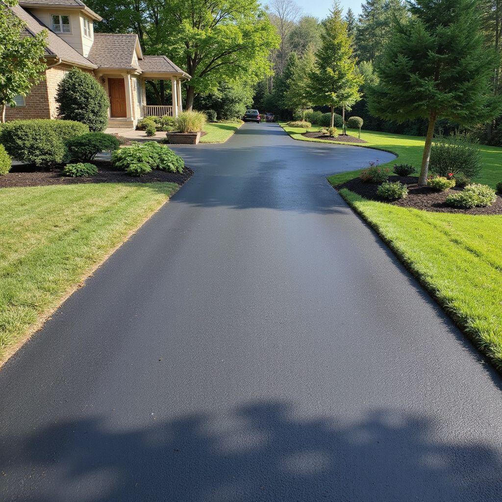 Black asphalt driveway leading to a light brown house with manicured lawn and landscaping.