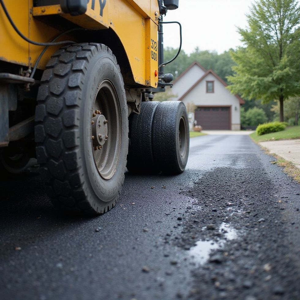 Yellow truck paving a dark, wet asphalt road in front of a suburban house.