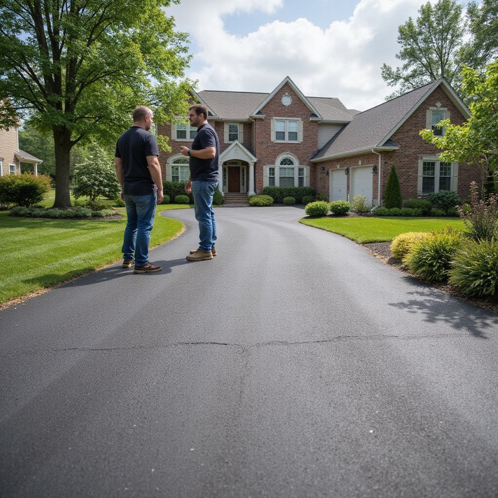 Two men stand on a driveway in front of a brick house, discussing something.