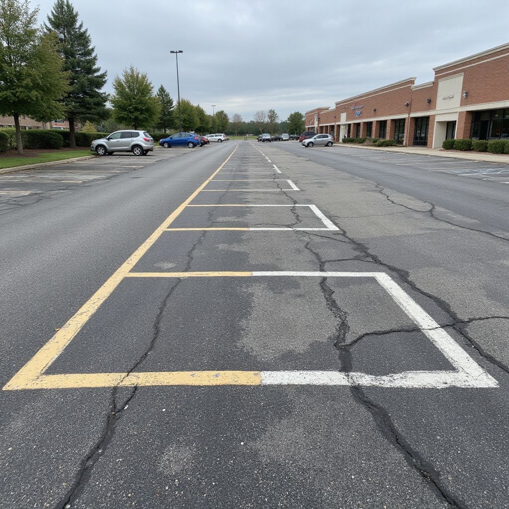 Empty parking lot with faded yellow and white parking space lines; cars parked in the distance.