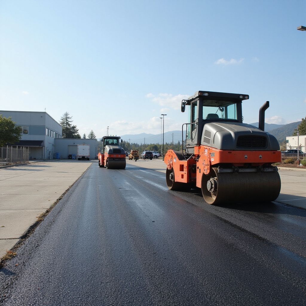 Two orange road rollers compacting fresh asphalt on a paved road under a blue sky.