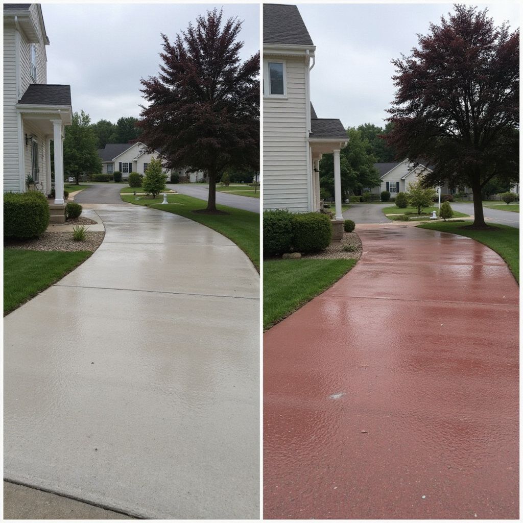 Comparison of a driveway before (gray) and after (red) being sealed. House and trees in background.