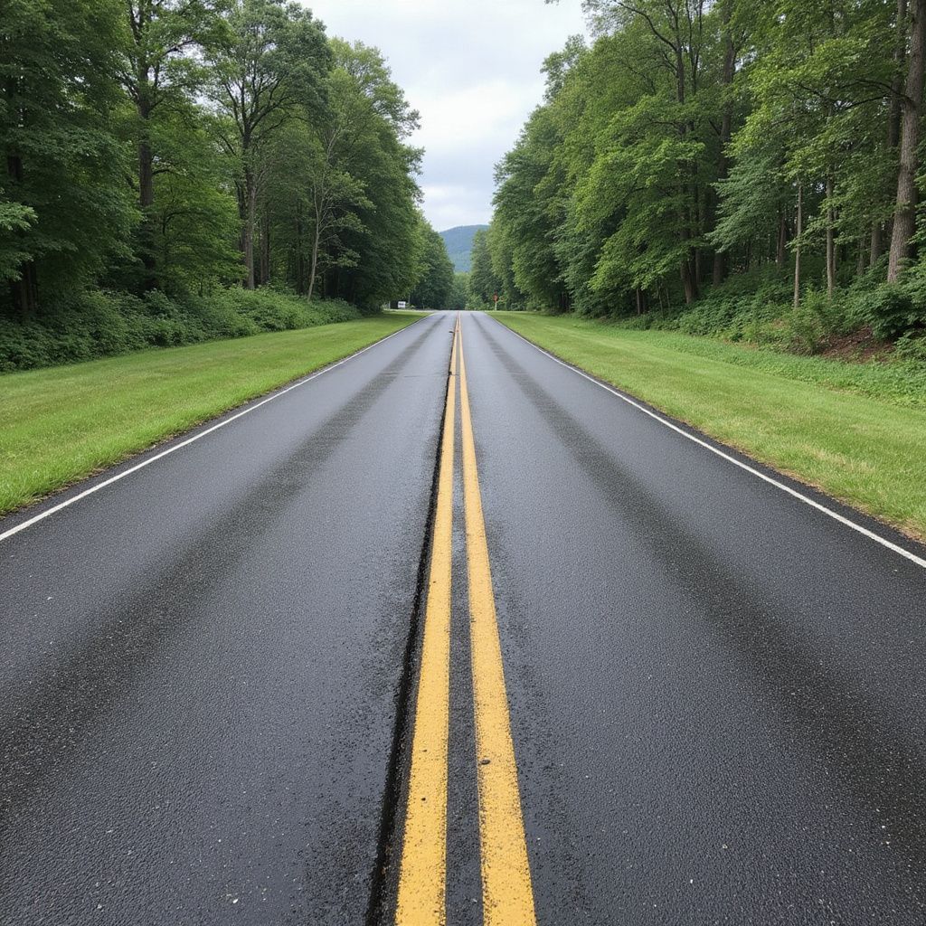 Paved road lined with trees, grassy shoulders. Yellow double lines down the center.