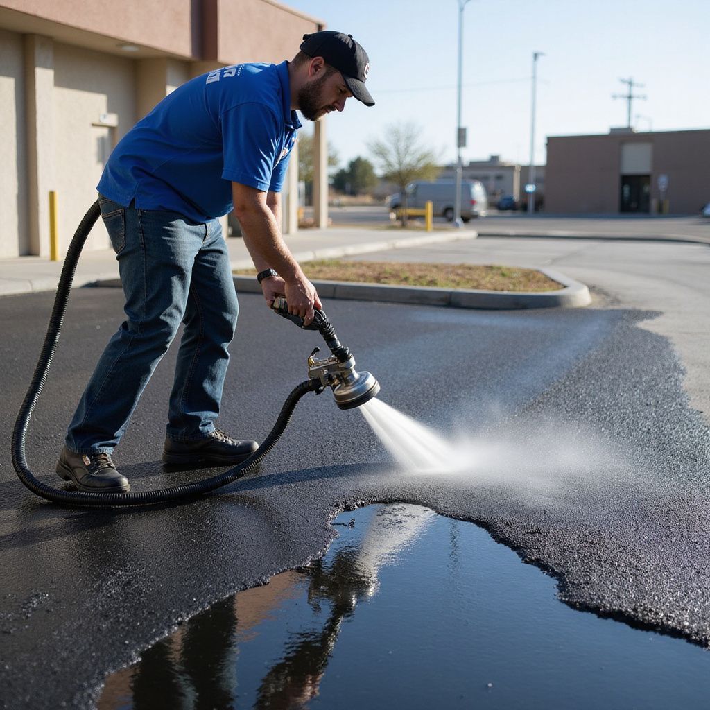 Man in blue shirt power washing a black asphalt surface outdoors.