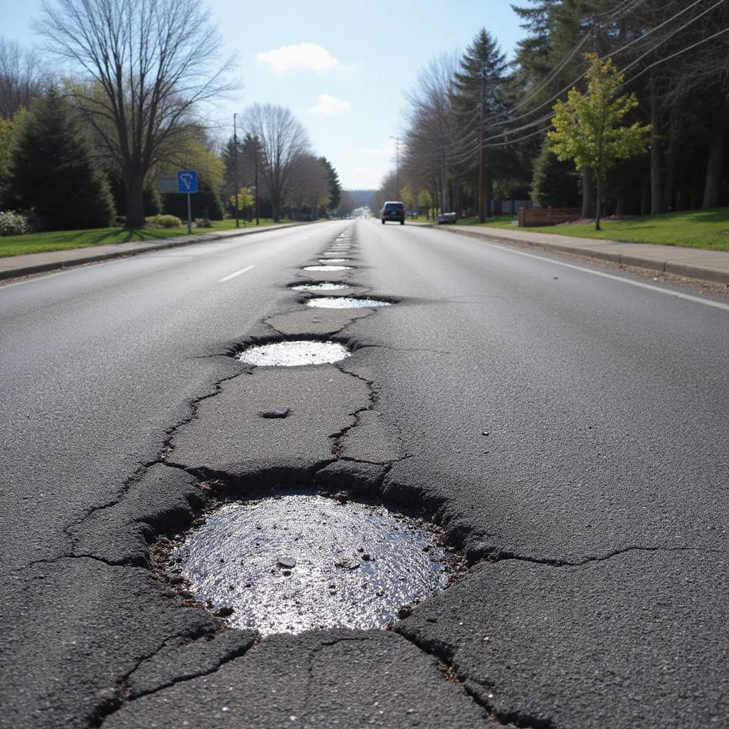 Pothole-filled road, with a vehicle in the distance and trees lining the street.