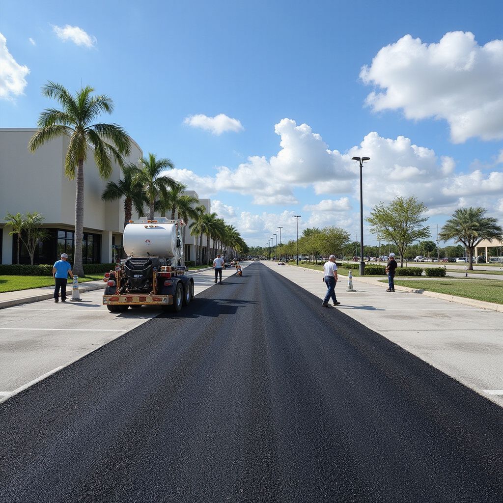 Workers paving a road in front of a commercial building on a sunny day with palm trees.