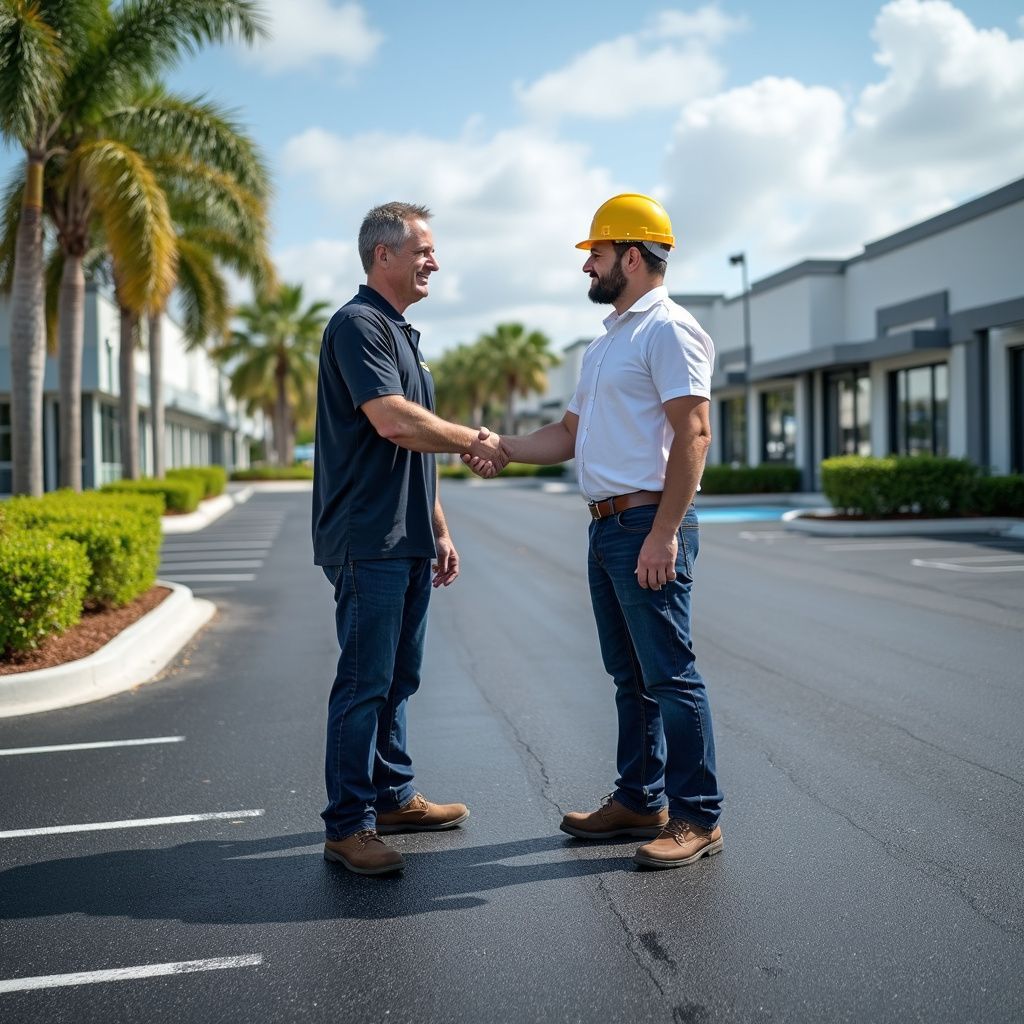 Two men shaking hands in a parking lot; one in a hard hat, palm trees in the background.