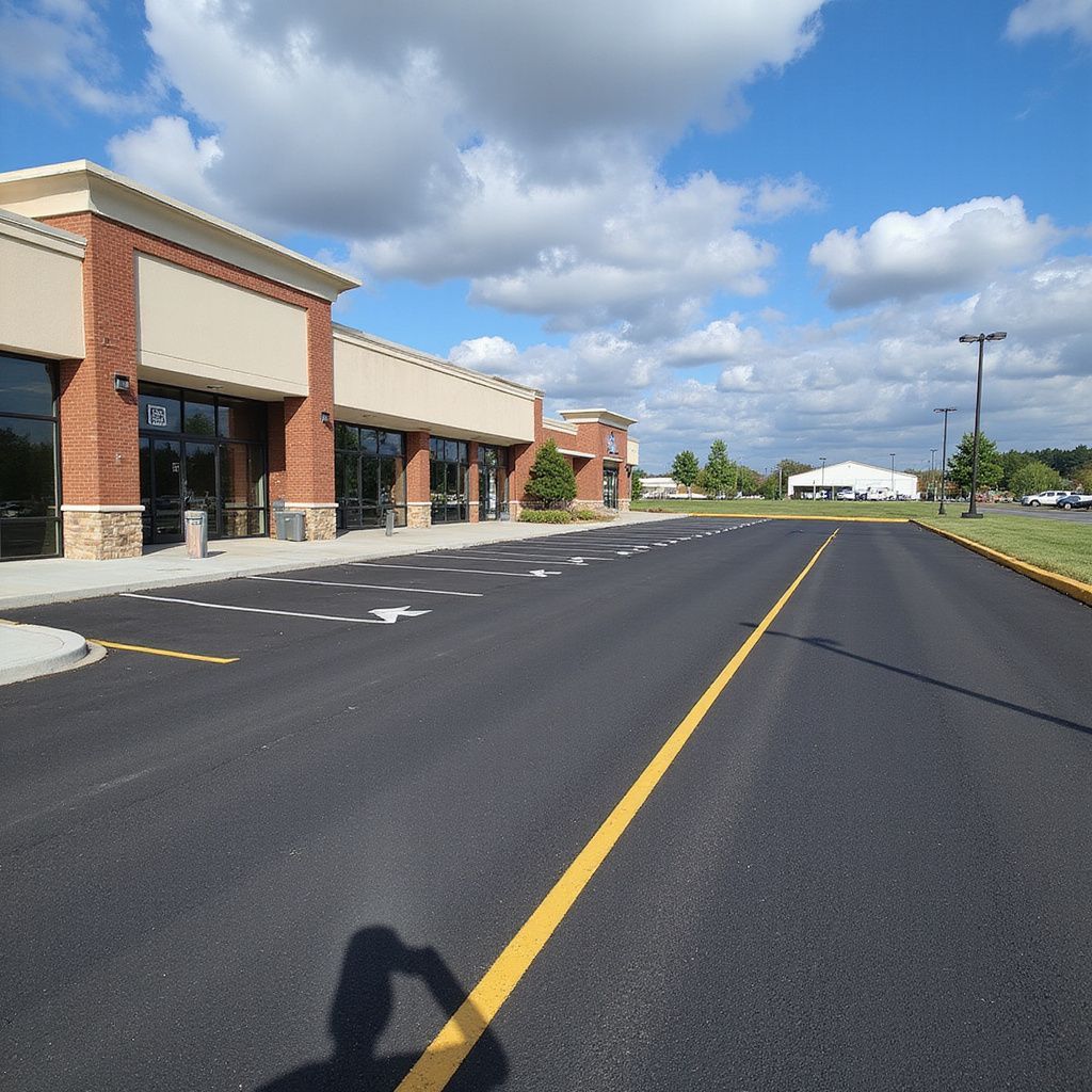 A row of commercial buildings with brick and tan facades, empty parking lot, sunny day.