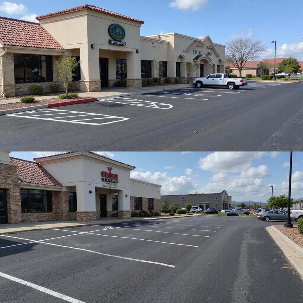 Two exterior shots of businesses in a strip mall with parking; one with a handicap parking spot.