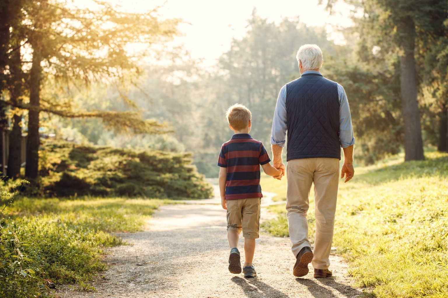 An adult and a child walk hand-in-hand down a sunlit dirt path in a wooded park.