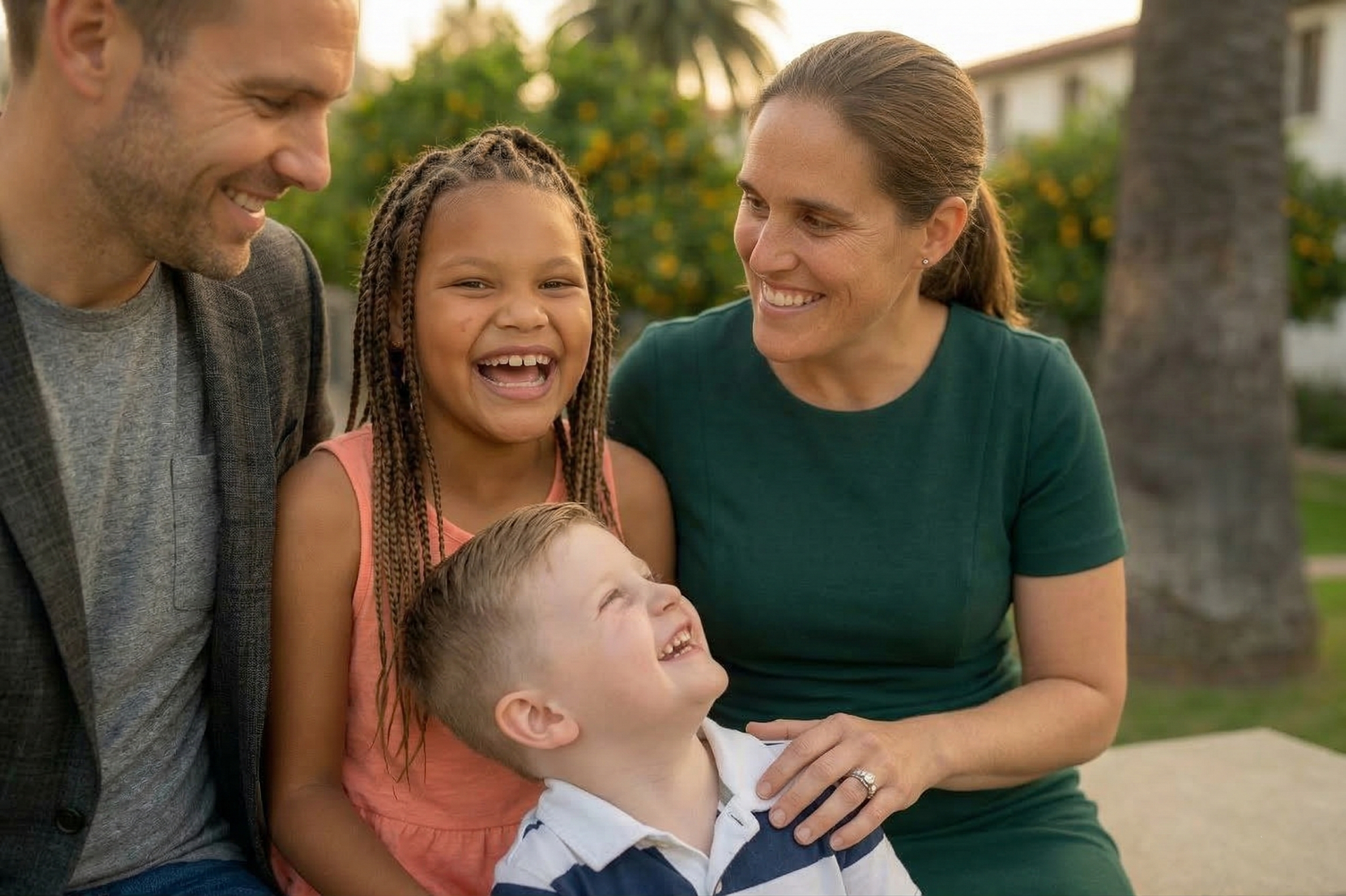 A smiling family of four gathered outdoors in a park setting.