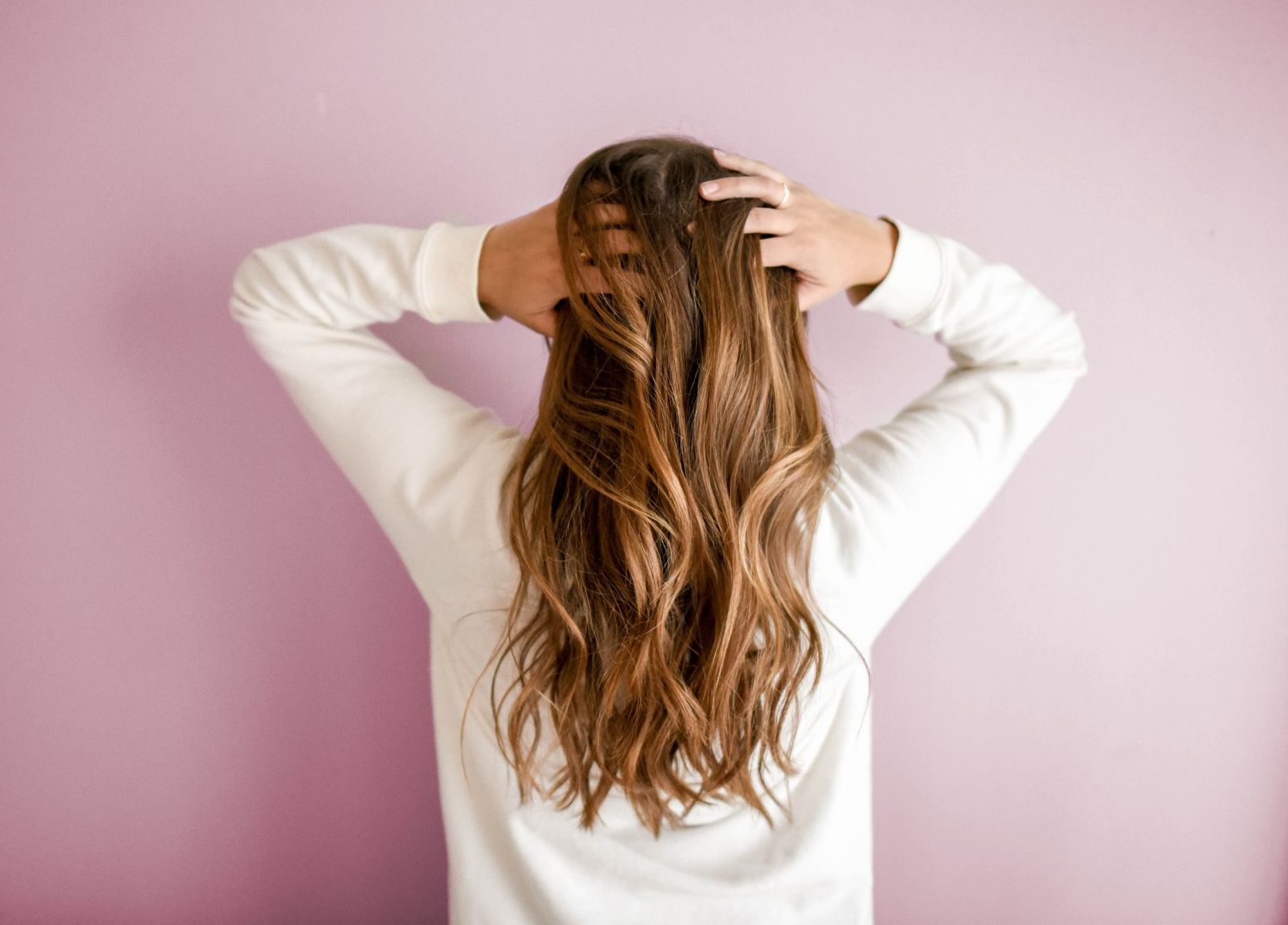 rear view of young woman with long hair in white sweater on pink background
