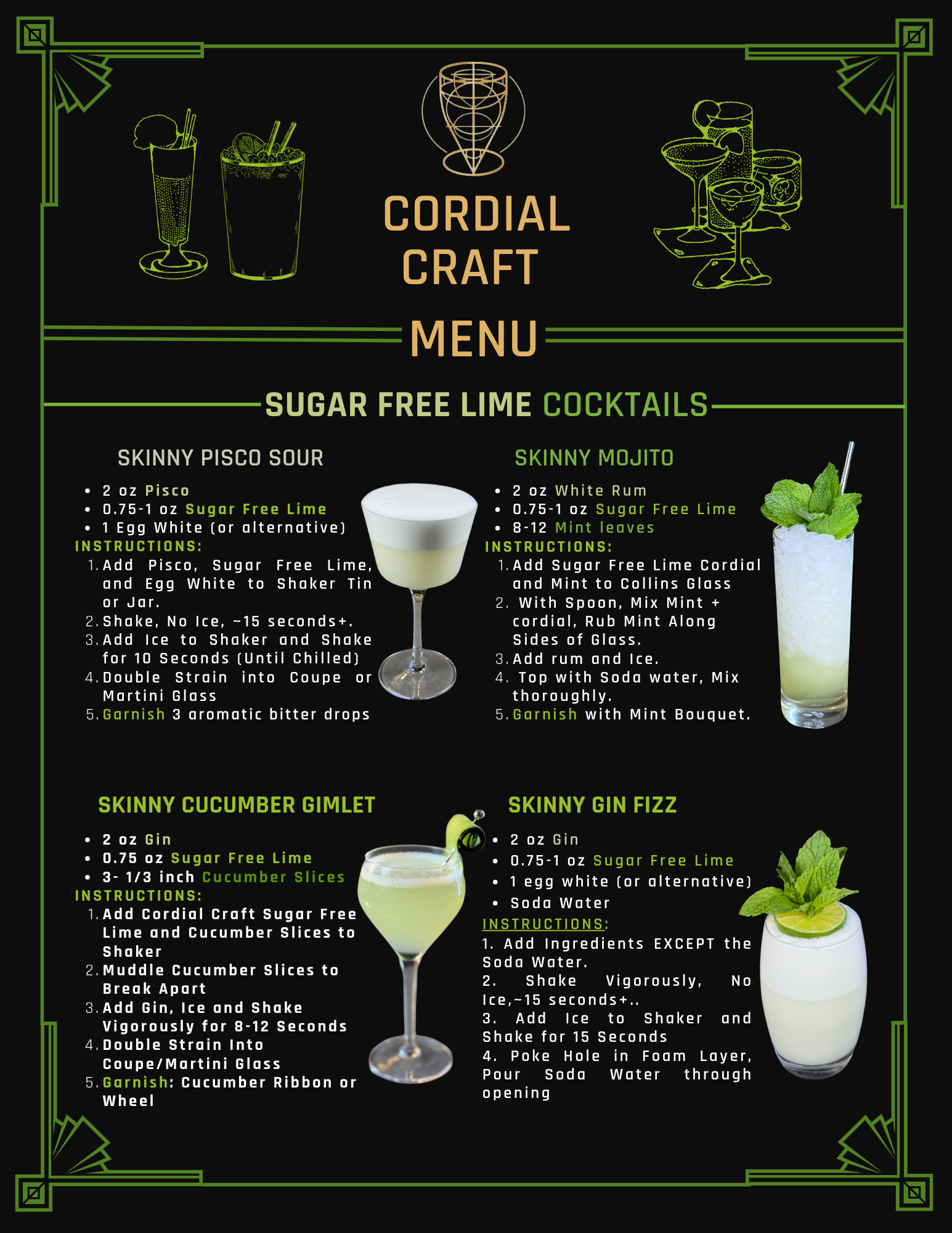A menu for cordial craft with sugar free lime cordial for classic and modern classic cocktails.