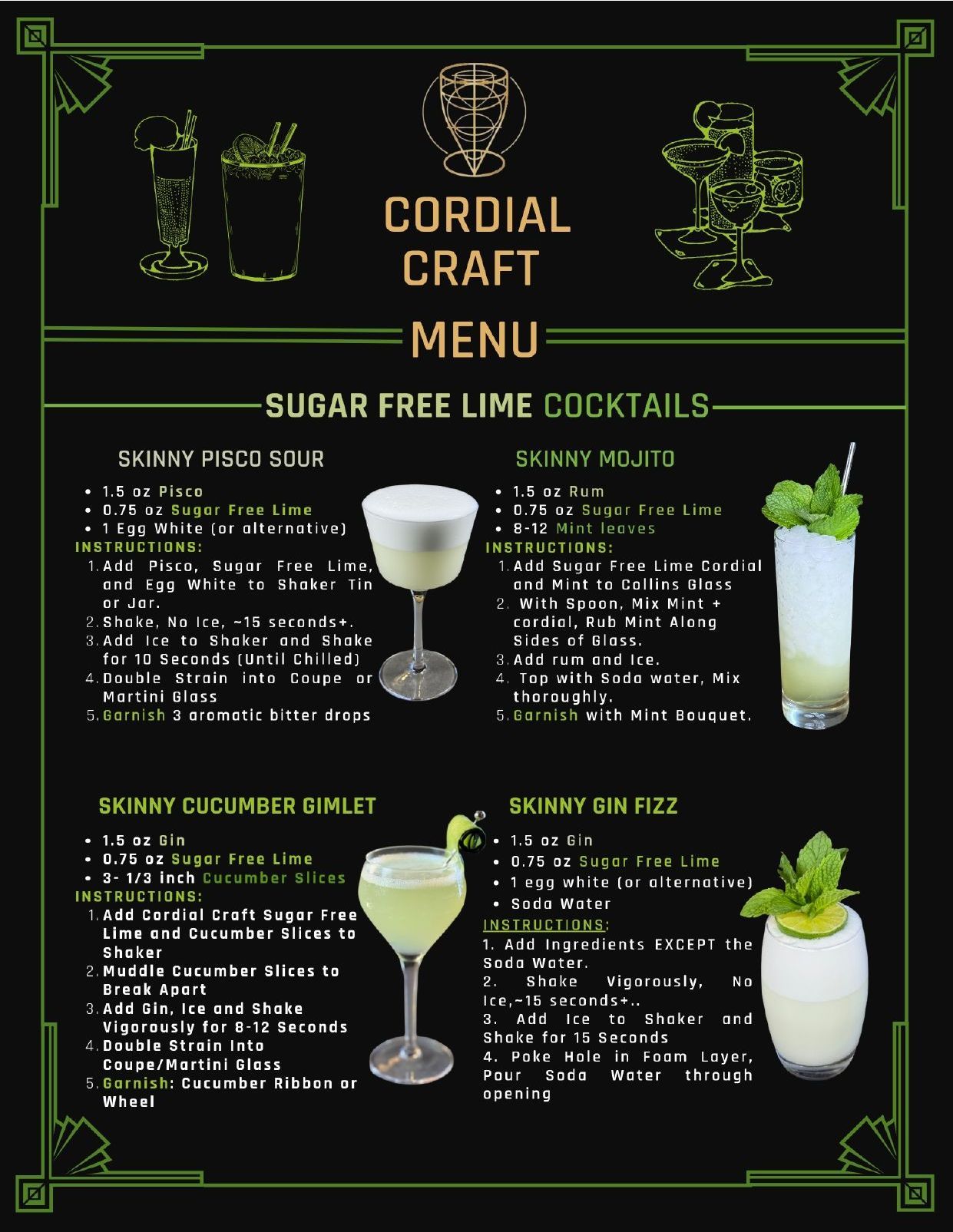 A menu for cordial craft with sugar free lime cordial for classic and modern classic cocktails.