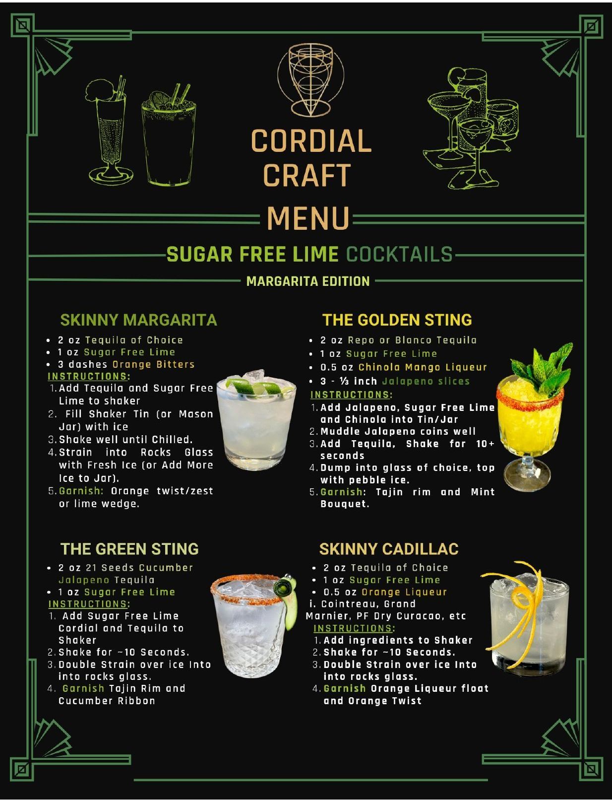A menu for cordial craft includes sugar free lime cordial/mixer for perfect margaritas or skinny margaritas.
