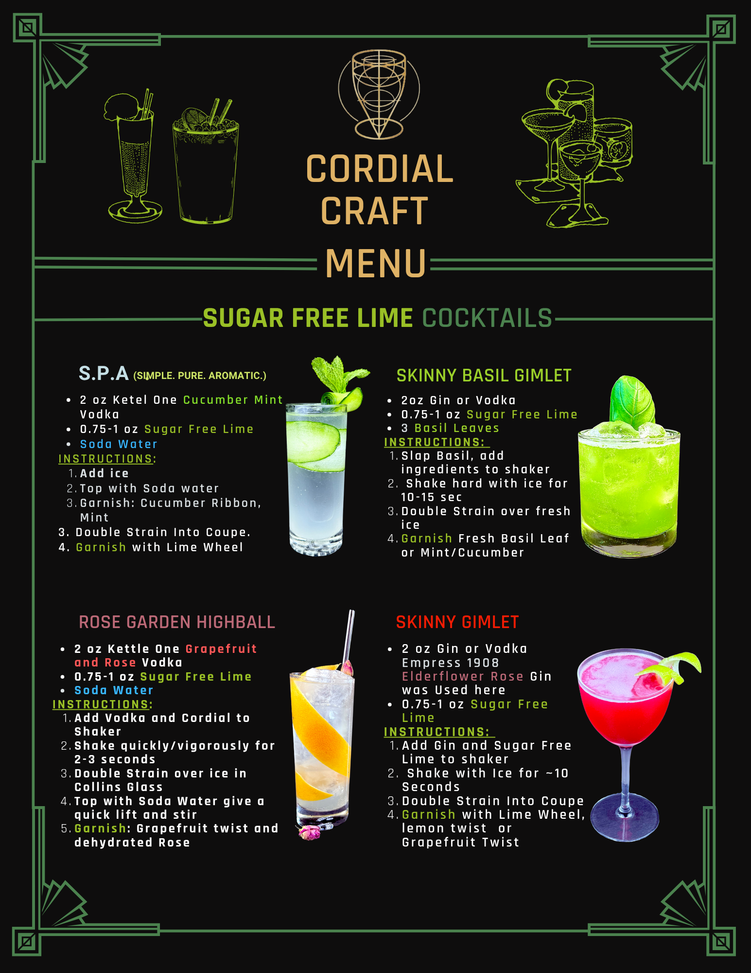 A menu for cordial craft includes sugar free tiki cocktails