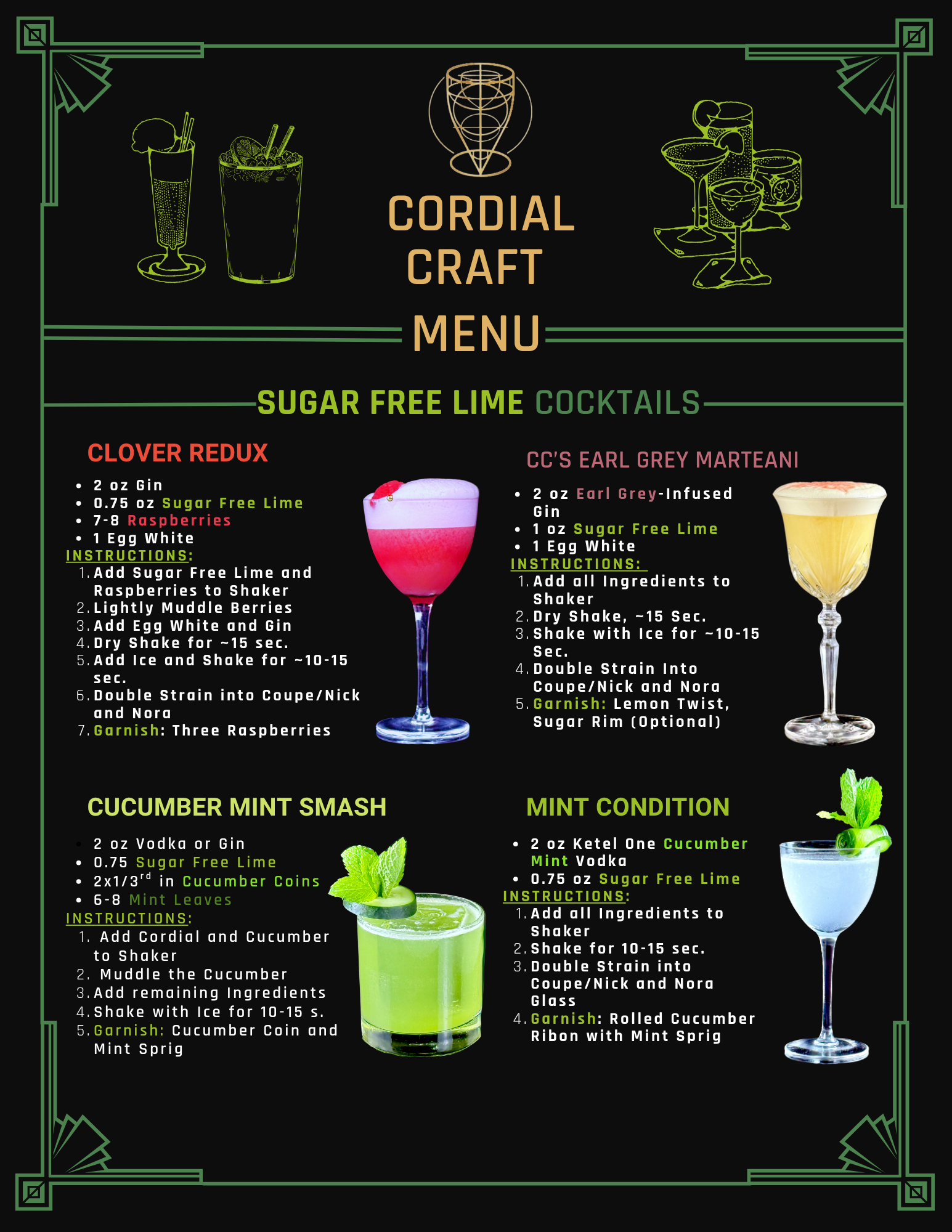 Sugar Free Gin and Vodka Menu