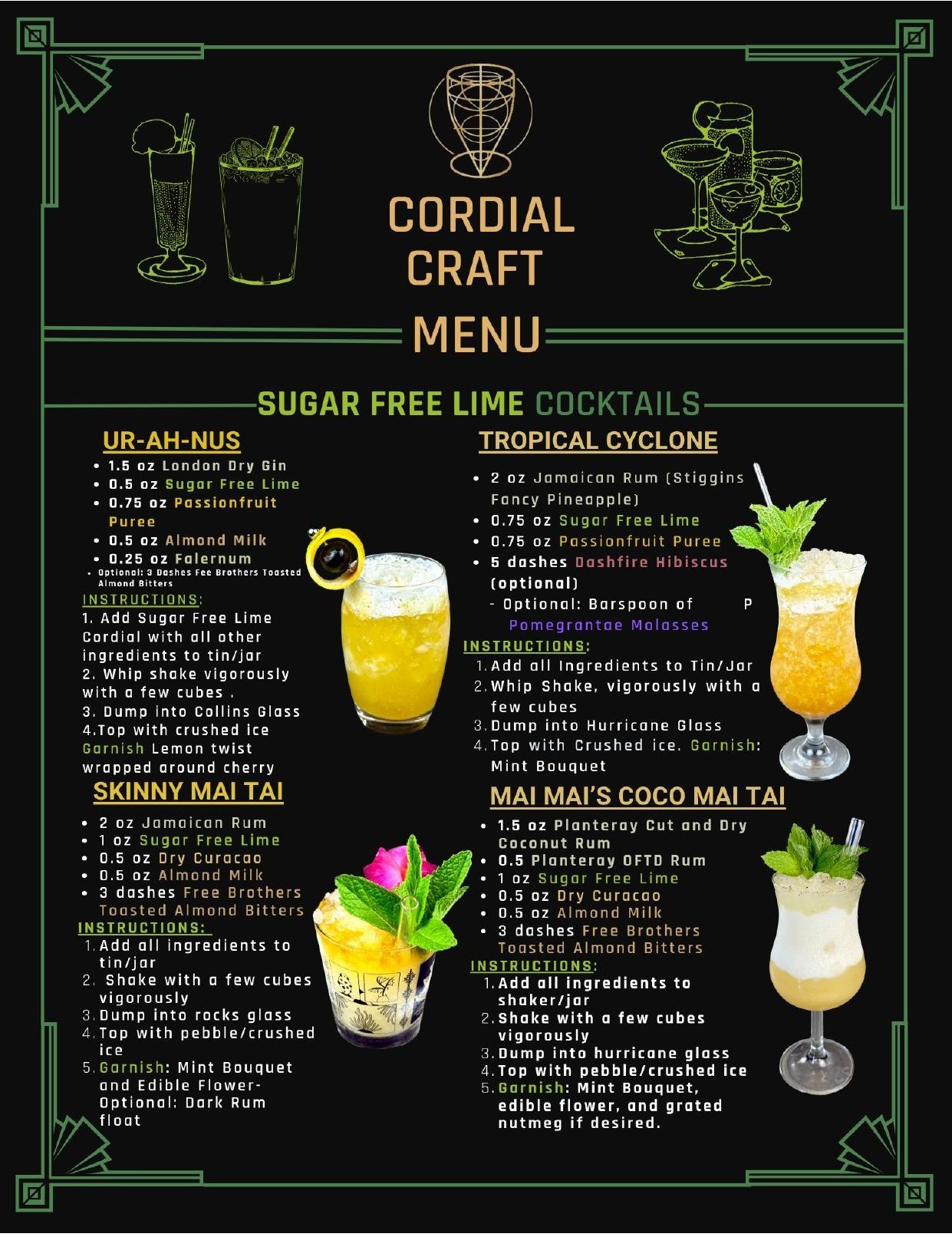 A menu for cordial craft includes sugar free tiki cocktails
