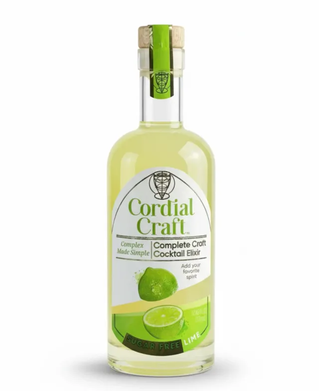Front product view of a 375 mL Cordial Craft Zero-Sugar Lime Cordial bottle on a light background