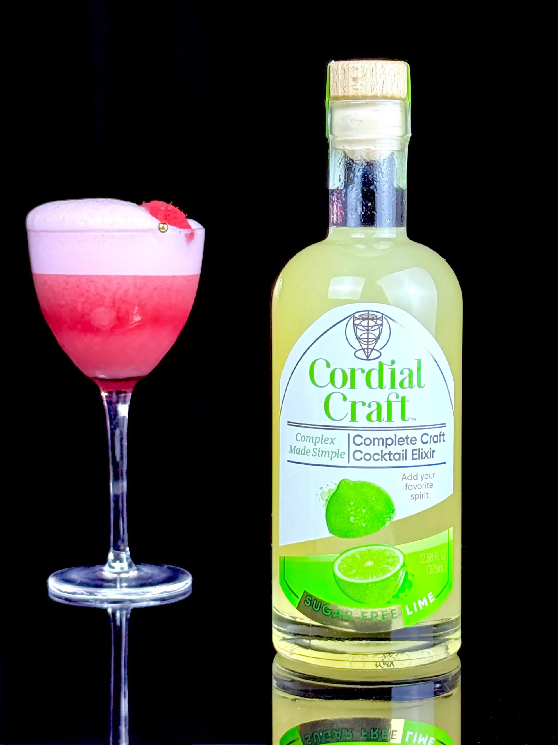 Cordial Craft Zero-Sugar Lime Cordial beside a finished cocktail