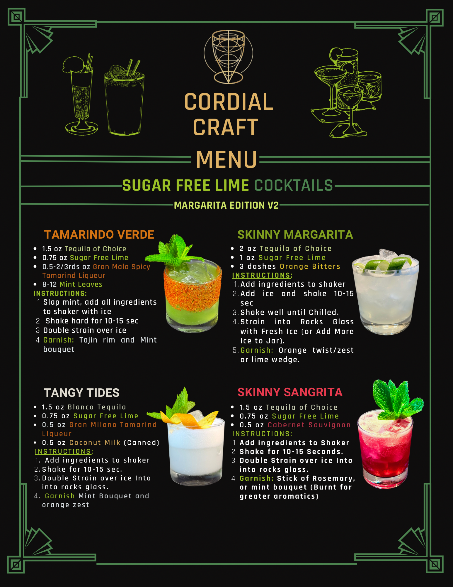 A menu for cordial craft shows a variety of perfect skinny margaritas.