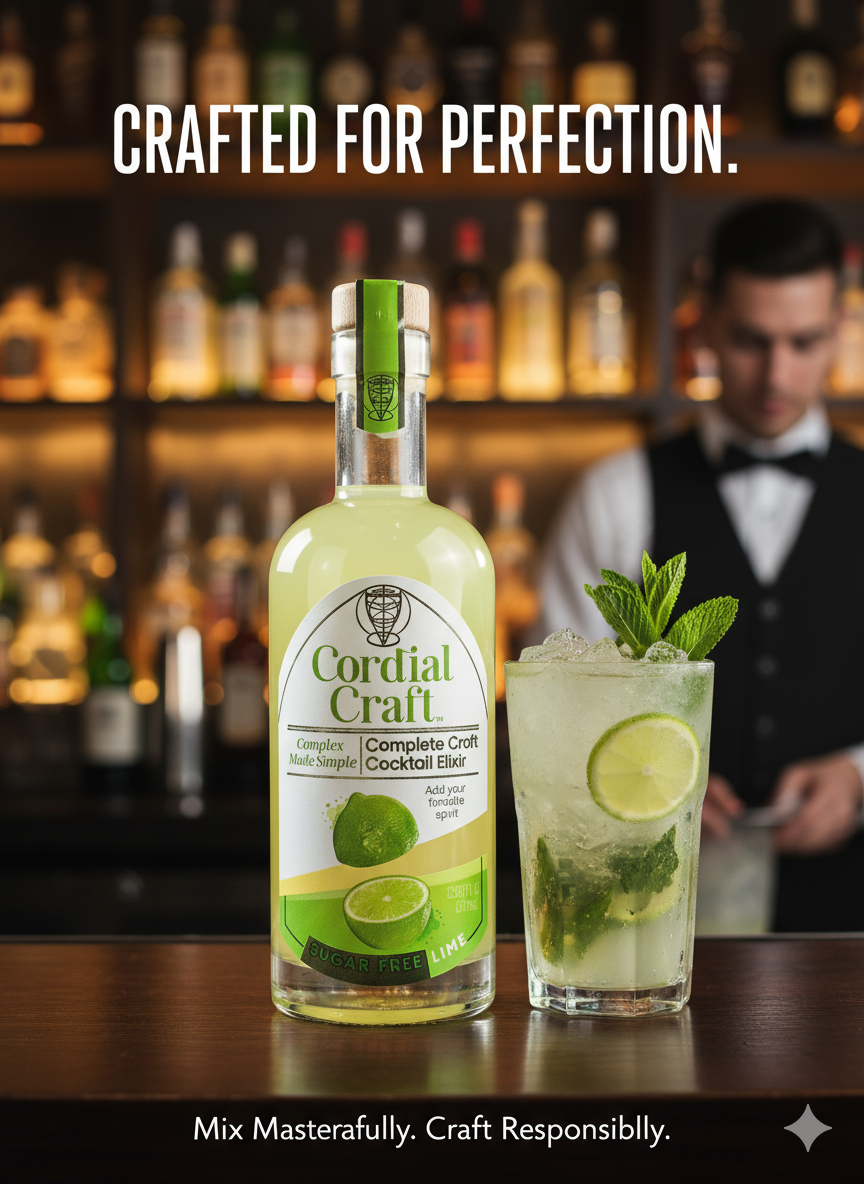 A bottle of cordial craft lime cordial on a white background.