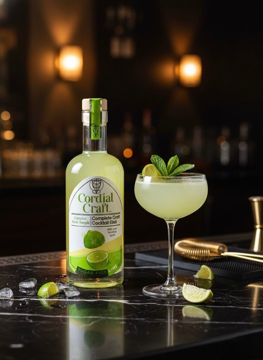 Cordial Craft bottle beside a finished lime cocktail in a premium bar setting
