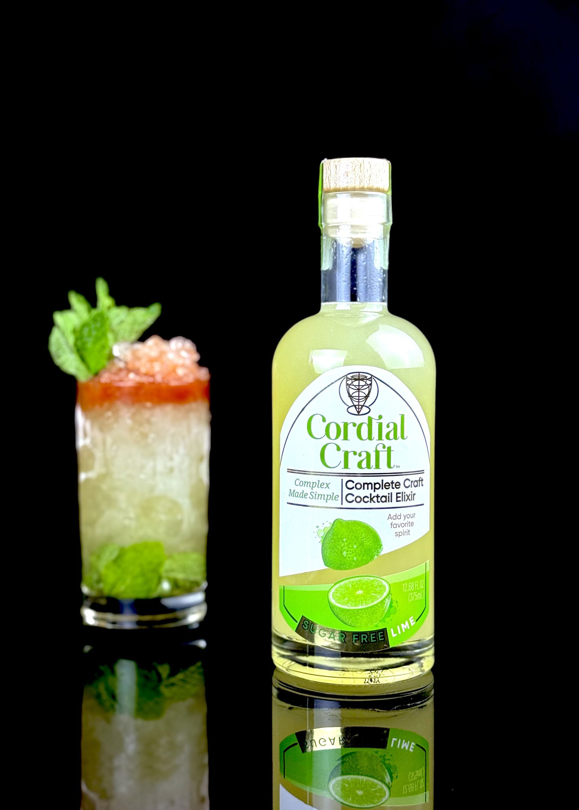 A bottle of cordial craft lime cordial on a white background.