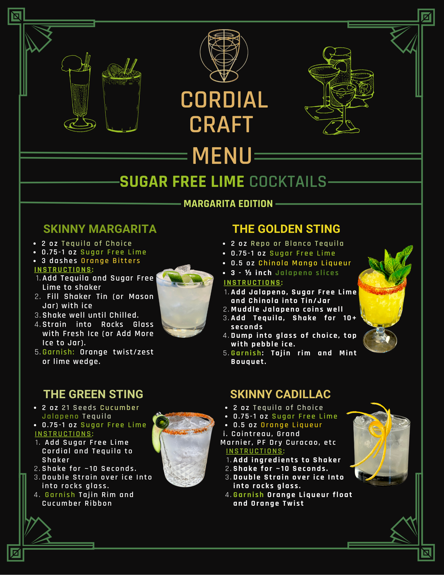 A menu for cordial craft shows a variety of perfect skinny margaritas.