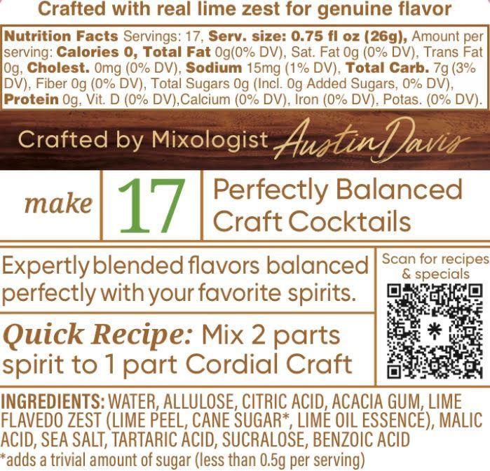Crafted with real lime zest for genuine flavor crafted by mixologist austin davis. Sugar Free Lime cordial ingredients. 