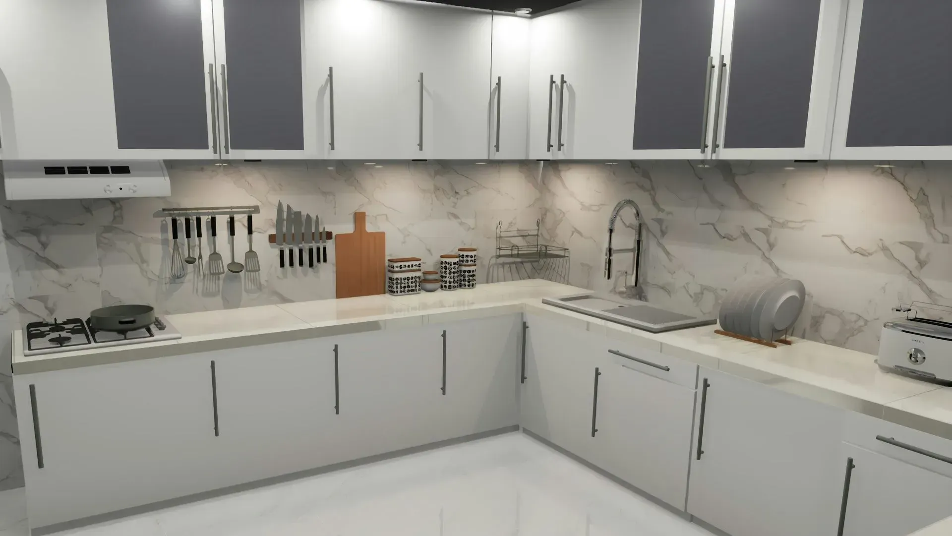 A kitchen with white cabinets , a sink , a stove , and a cutting board.