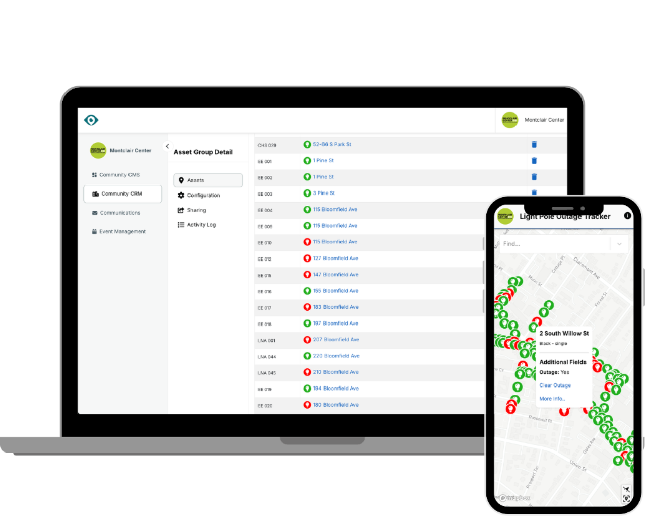 A laptop and smartphone displaying a waste management dashboard with a list of locations and a corresponding map interface.