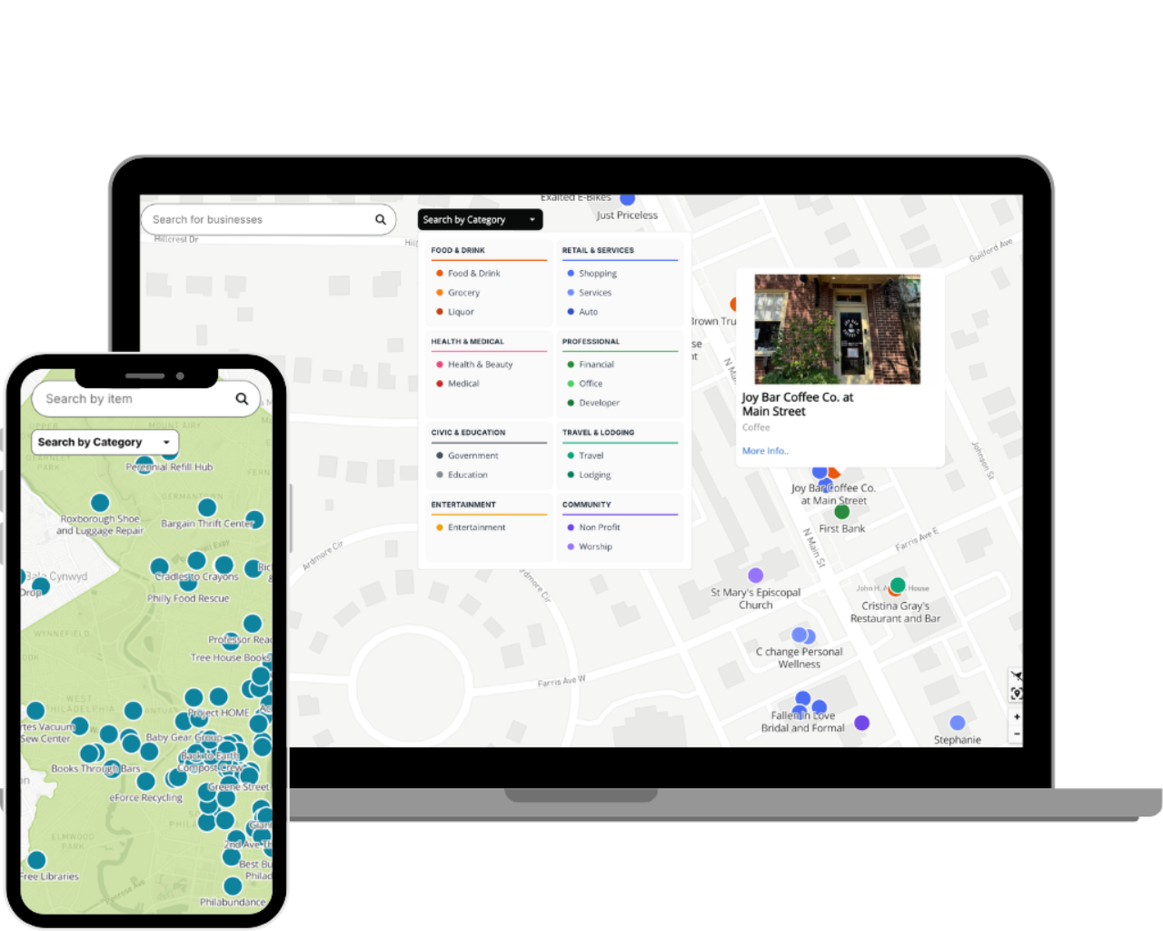 A laptop and smartphone displaying a map interface with categorized location markers and a highlighted local business.