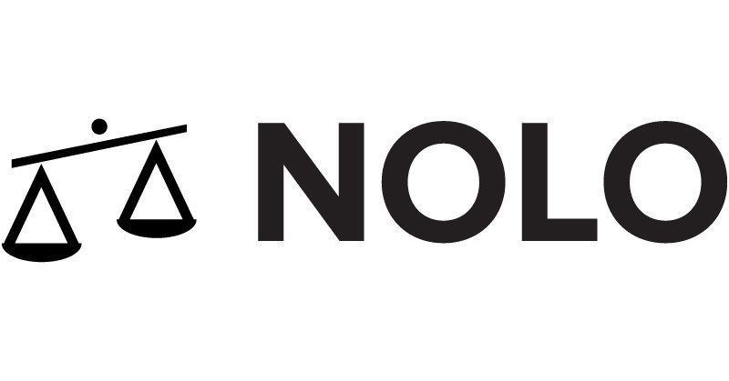 A black and white logo for an organization called NOLO with a scale.