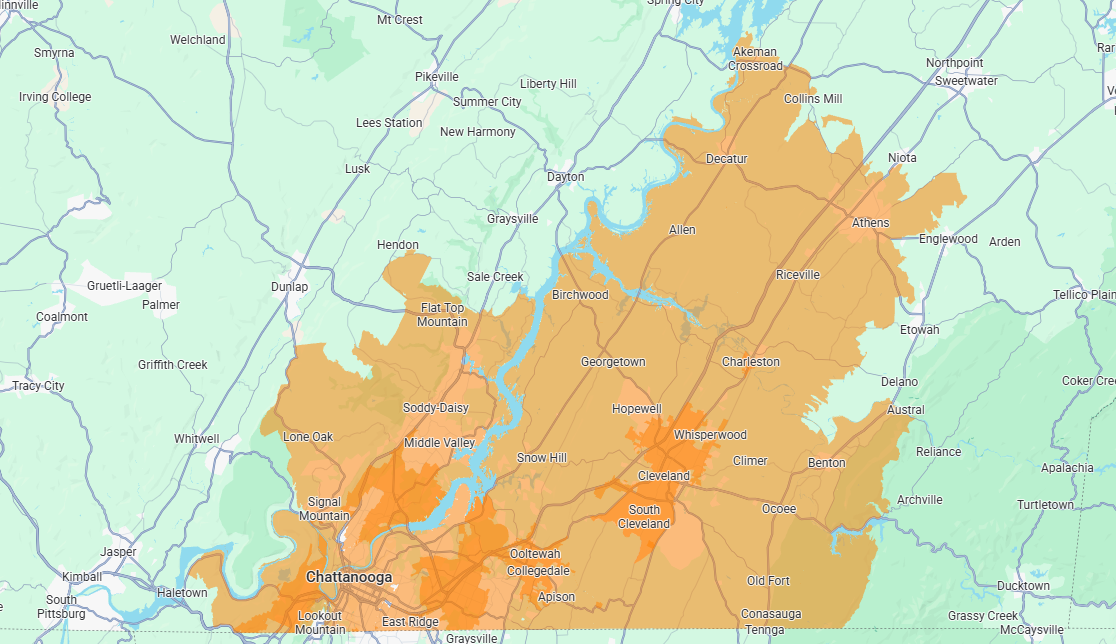 A map showing an orange shaded area over a region of North Carolina, highlighting urban growth around Lake Norman.
