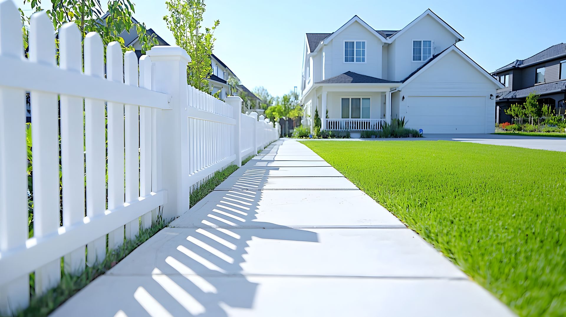 A white picket fence runs alongside a concrete sidewalk leading toward a suburban home with a green lawn.