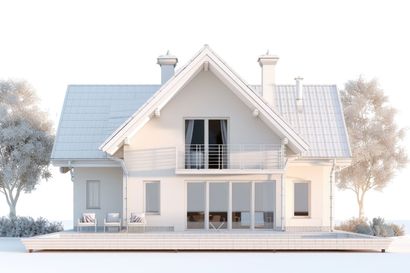 A modern two-story suburban house with a patio, balcony, and light-colored siding, framed by trees against a white sky.