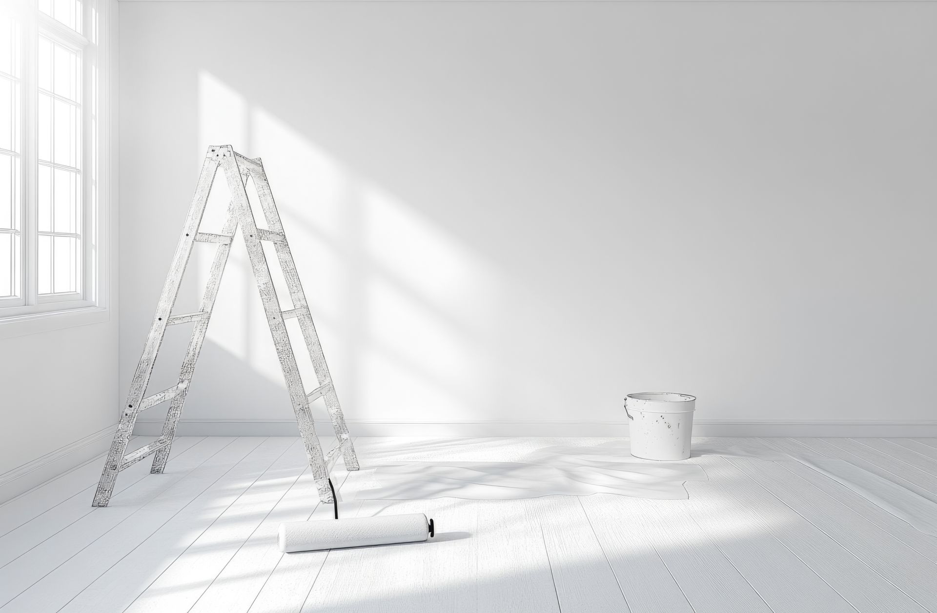 A room with white walls, a step ladder, a paint roller on the floor, and a paint bucket, bathed in sunlight.