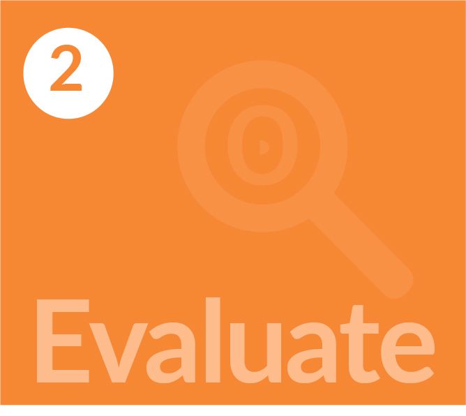 Orange square with number 2 in a white circle; transparent magnifying glass; word