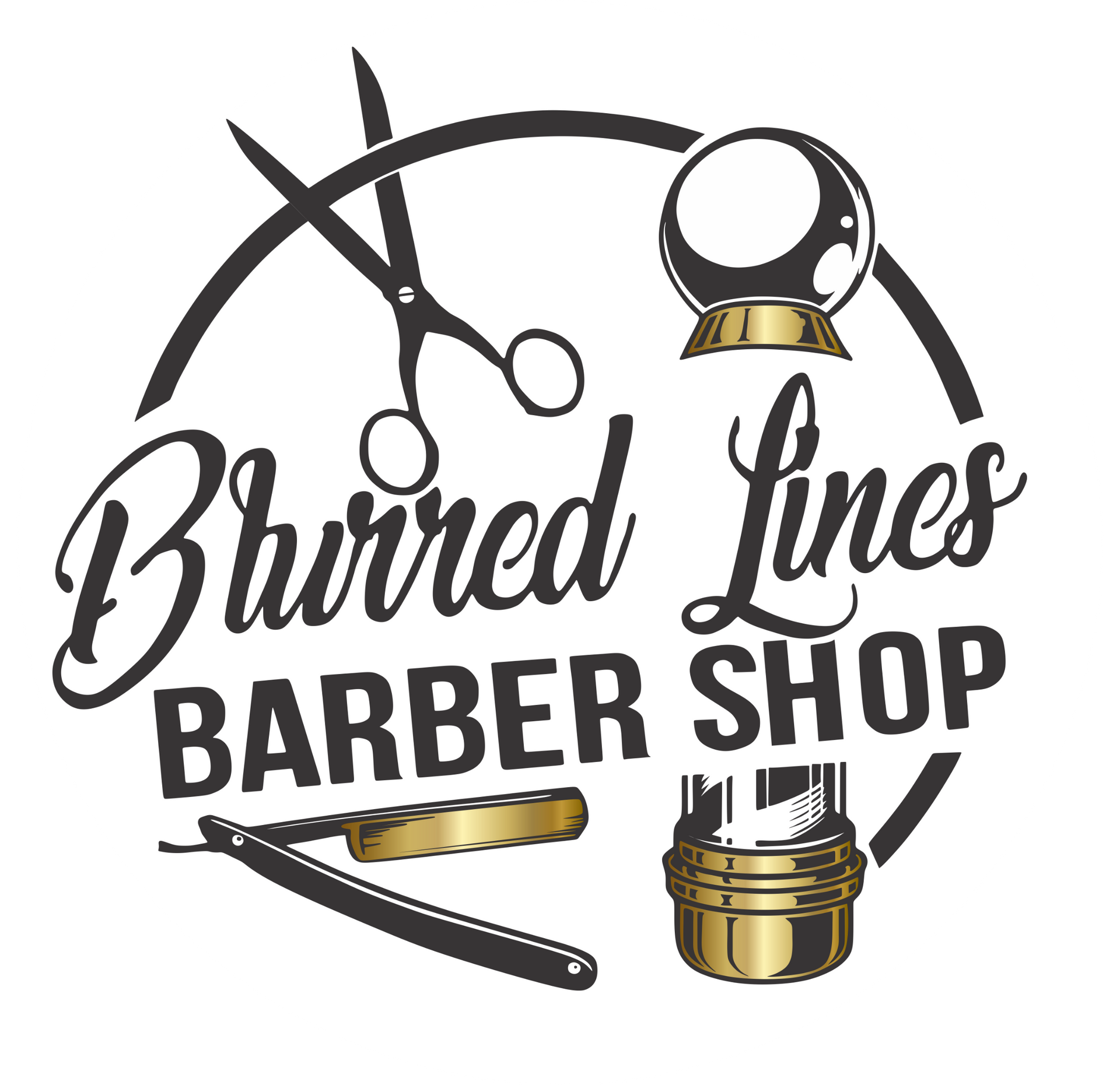 Logo for "Blurred Lines Barber Shop" featuring stylized text, scissors, a gold straight razor, and a gold barber pole.